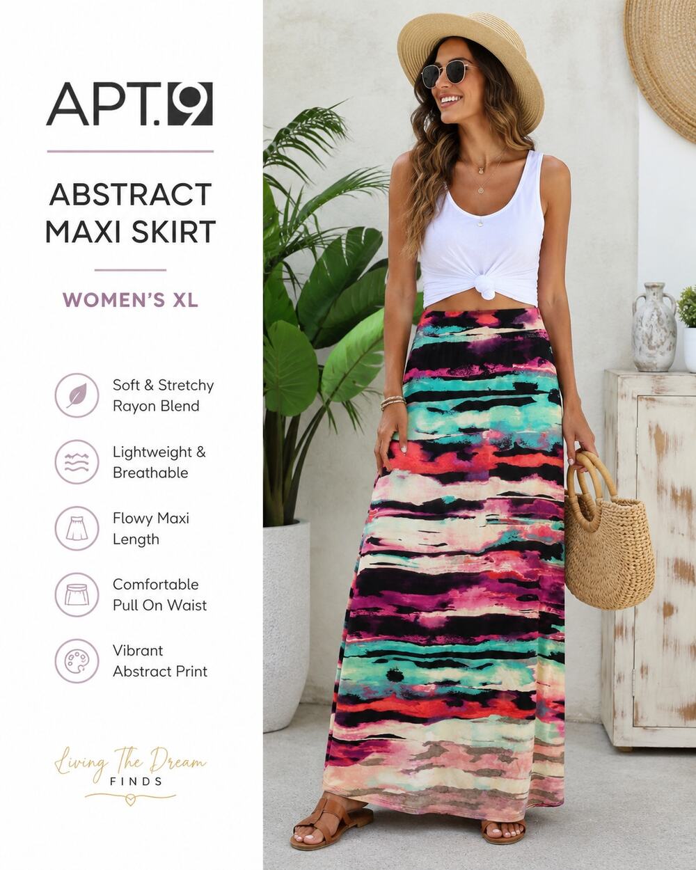 APT. 9 Women's XL Colorful Abstract Print Pull On Maxi Skirt Rayon Stretch